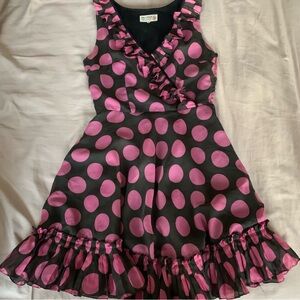 Vintage 60s Dark Green and Pink Polka Dot Ruffle Dress